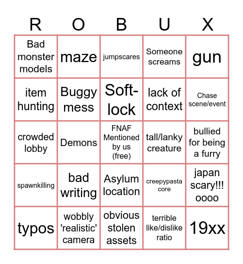 ROBLOX HORROR GAME BINGO Card