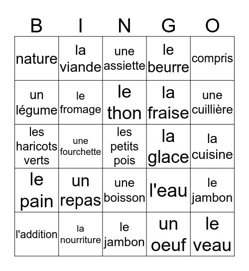 Un Repas Unité 3 Bingo Card