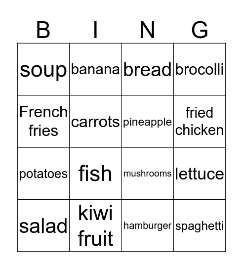 Unhealthy and Healthy Food Bingo Card