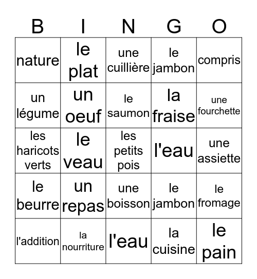 Un Repas Unité 3 Bingo Card