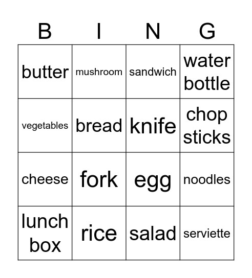 Lunch words Bingo Card