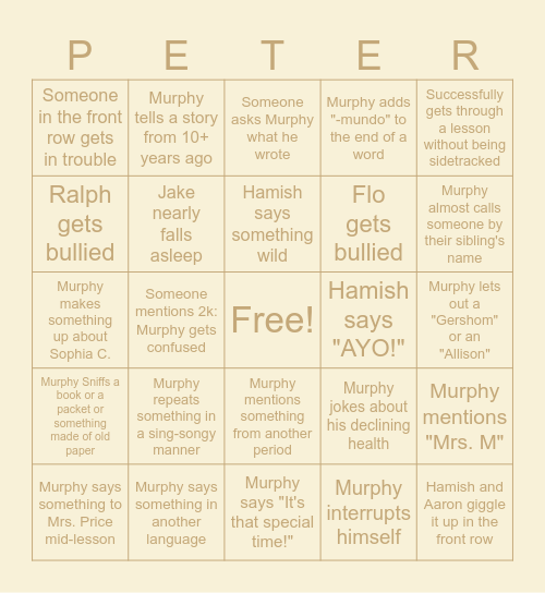 D PERIOD CP ENGLISH BINGO Card