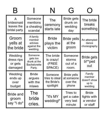 Bridezilla Bingo!!! Bingo Card