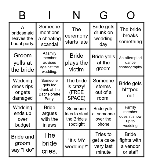 Bridezilla Bingo!!! Bingo Card