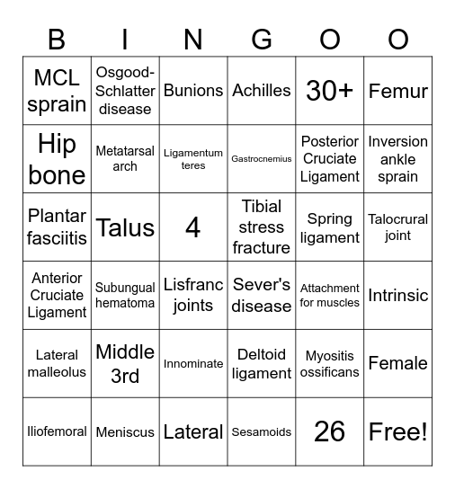 KINE 318 Lower Extremity Bingo Card