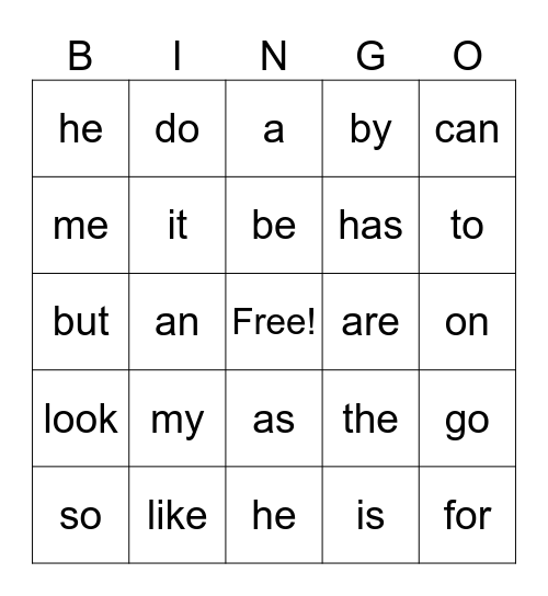 Sight Word Bingo Card