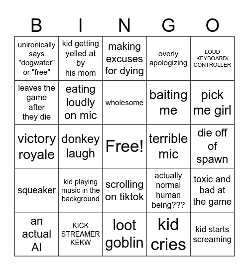 FORTNITE FILLS BINGO Card