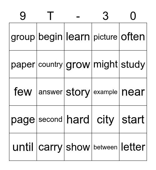 30 Bingo Card