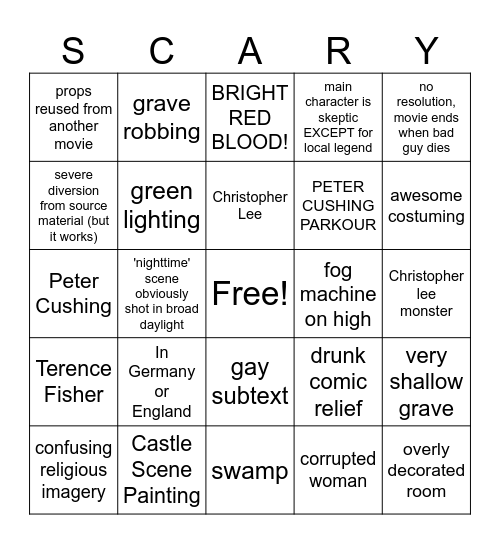 Hammer Studio Horror Bingo Card