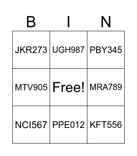 Licence plate Bingo Card