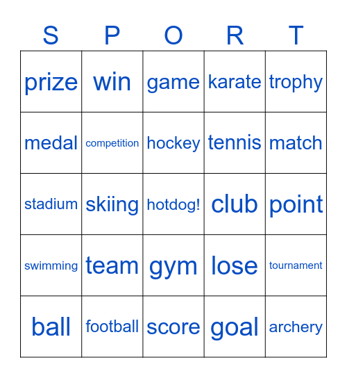 Sports Themed Bingo Card