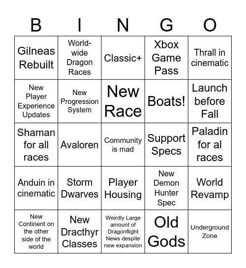 WoW Expac Reveal Bingo Card