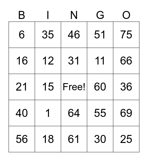 MATHS BINGO Card