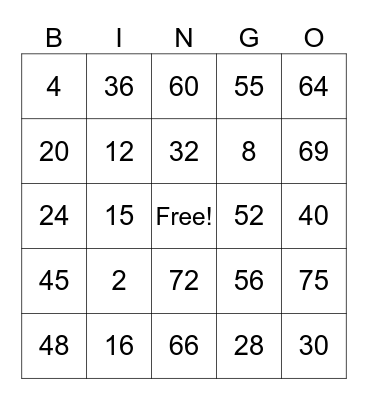 MATHS BINGO Card