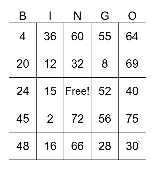 MATHS BINGO Card