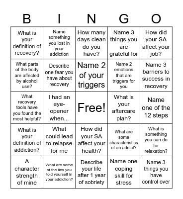 Recovery Bingo! Bingo Card
