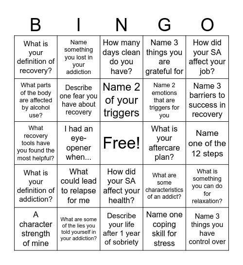 Recovery Bingo! Bingo Card
