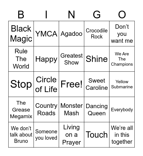 Wednesday Night Club Favourite Songs! Bingo Card