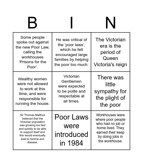 Victorian Context bingo Card