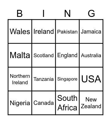 English speaking countries Bingo Card