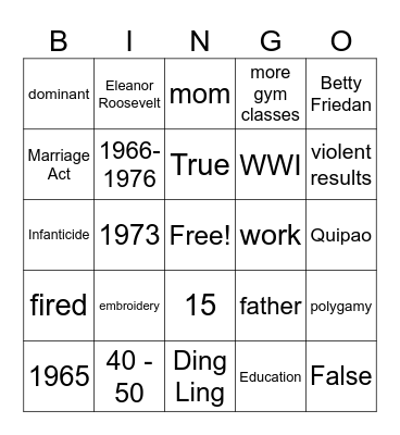 Womens Card Bingo Card