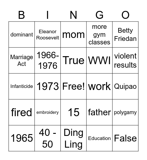 Womens Card Bingo Card