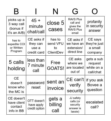 GOAT'S BINGO Card