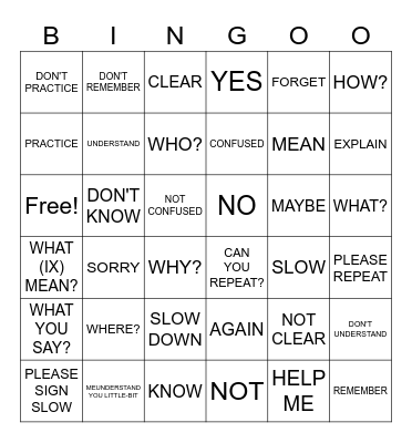 ASL Clarifying Vocabulary Bingo Card