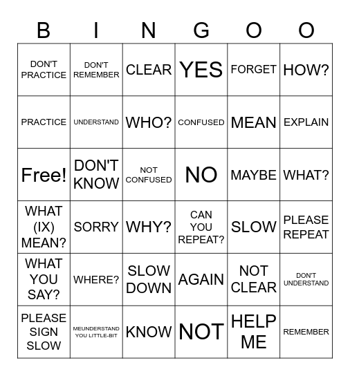 ASL Clarifying Vocabulary Bingo Card