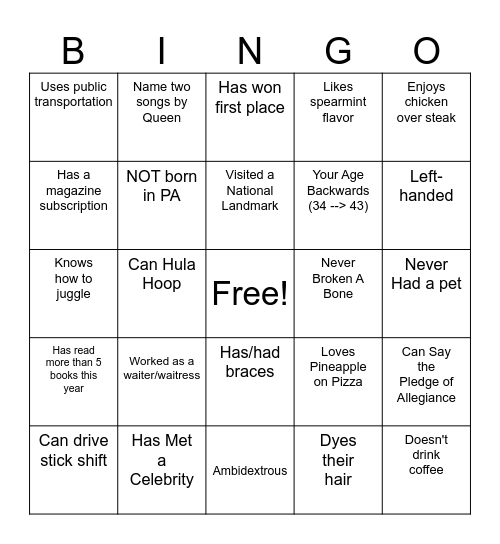 People Search Bingo Card