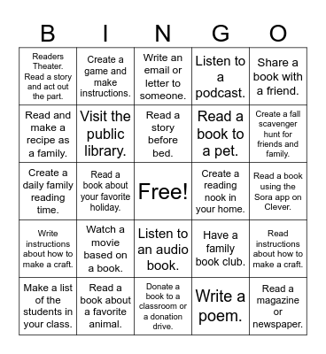 Family Literacy Bingo Card