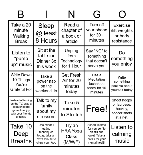 Stress Management Bingo Card 