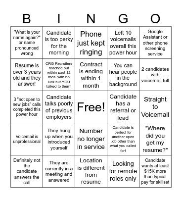Power Hour Bingo Card