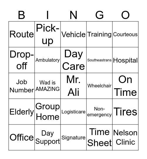 Ali Medical Transport  Bingo Card