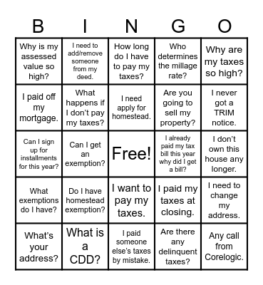 Tax Season Bingo Card