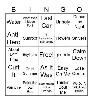 Todays Hits! Bingo Card