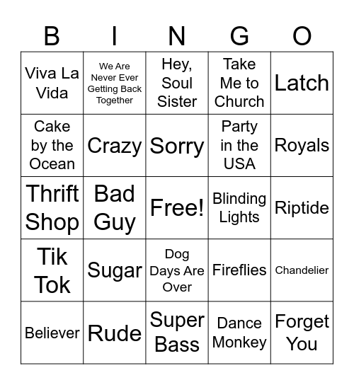 2010's Hits! Bingo Card