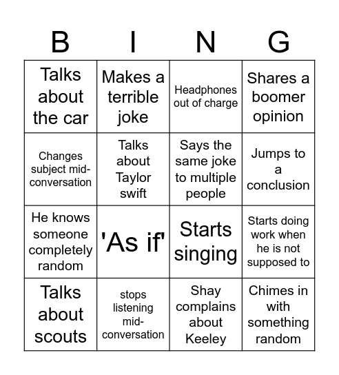 Shay Bingo Card