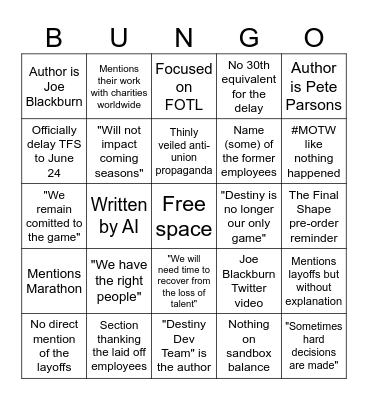 BUNGIE! Bingo Card