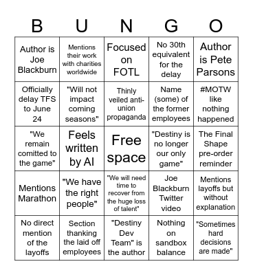 BUNGIE! Bingo Card