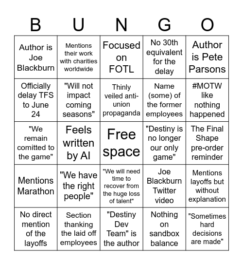 BUNGIE! Bingo Card