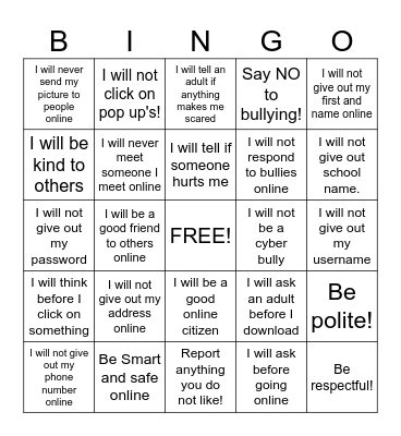 Internet Safety Bingo Card