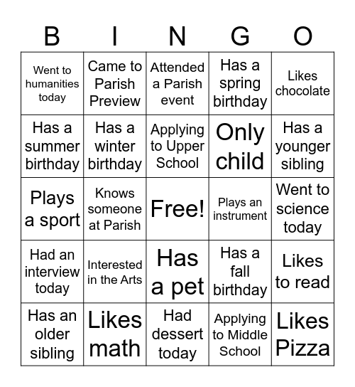 Panther For A Day Bingo Card