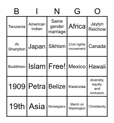 Cultural Bingo Card