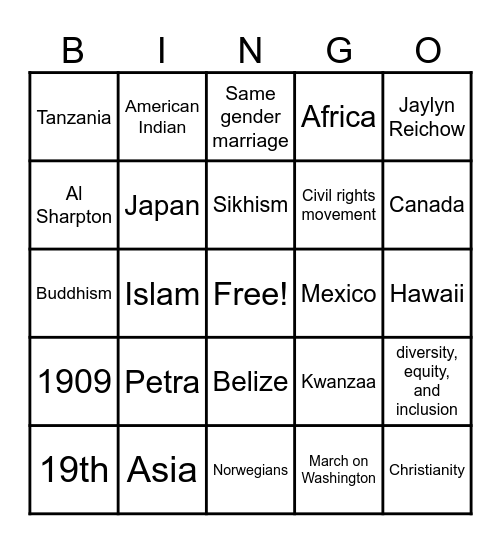 Cultural Bingo Card