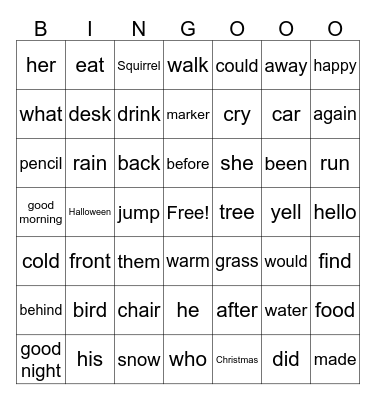 sight words Bingo Card