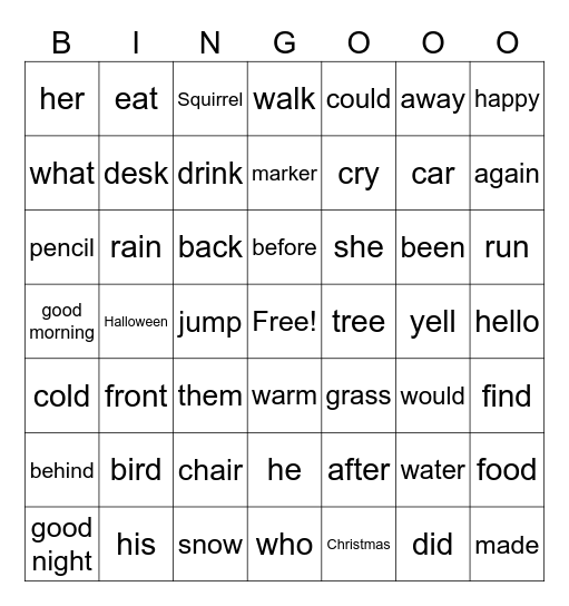 sight words Bingo Card