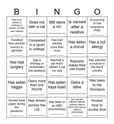 Meet the Cast Bingo Card