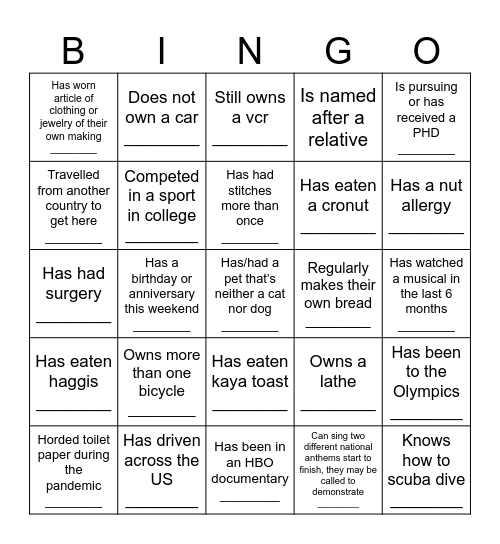 Meet the Cast Bingo Card
