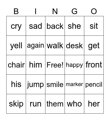 sight words Bingo Card